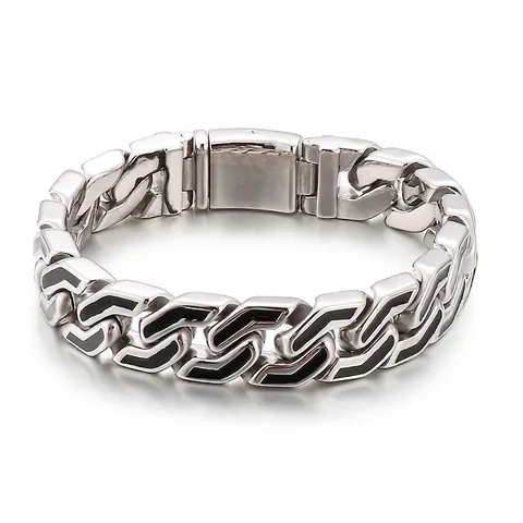 Men Stainless Steel Bracelet Punk Industrial Heavy Chain Black Enamel Arrow Pattern Biker Jewelry