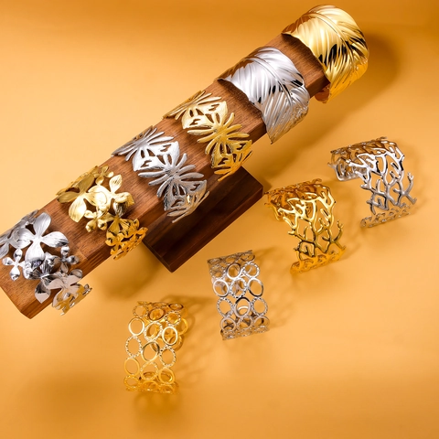 Vintage Roestvrijstalen Manchetarmband Voor Dames Met Opengewerkte Geometrische Bloemen Blad Veer Patronen Goud Zilver Verguld Elegante Sieraden