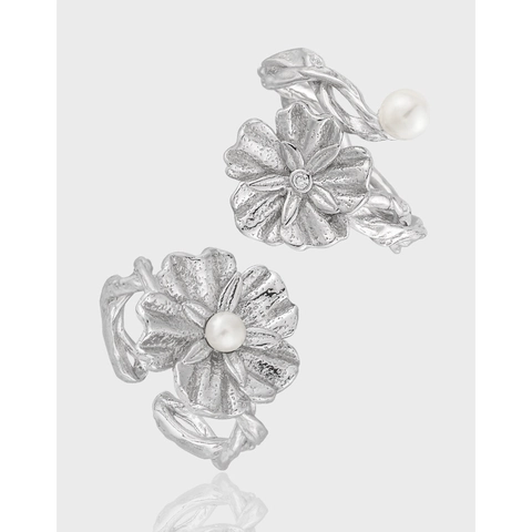 Flower Artificial Pearl Open Ring Adjustable 925 Sterling Silver Branch Vine Design Elegant Aesthetic Jewelry For Women