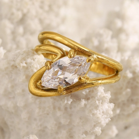 Marquise Clear Zircon Double Layer Ring 18K Gold Plated Stainless Steel Creative Fashion Jewelry For Women