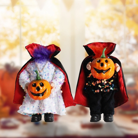 Bambola Zucca Senza Testa Halloween Paillettes Vampiro Mantello Figura Decorazione