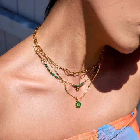 Stainless Steel Heart Necklace Natural Green Stone Beads Hollow Chain Waterproof Hypoallergenic Chic Jewelry For Women