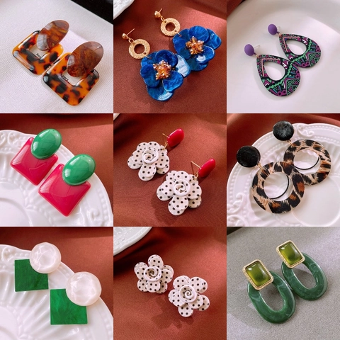 Vintage Geometric Acrylic Flower Drop Earrings With Silver Earring Post Retro Polka Dot Leopard Print Jewelry For Women