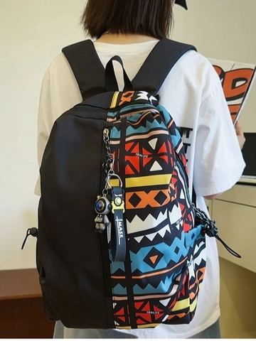 Fashion Large Capacity School Backpack Durable Nylon Oxford Cloth Patchwork Geometric Pattern For Students Unisex