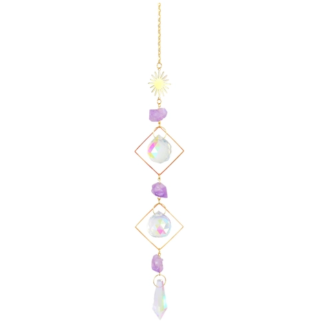 Crystal Suncatcher Wind Chime Hanging Ornament With Natural Purple Stone Prism Rainbow Maker For Garden Home Decor Bohemian Sun Moon