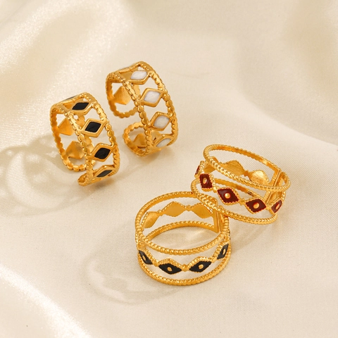 Vintage Rautenring Edelstahl Emaille Offen Verstellbar Hohl Geometrisch Vergoldet Mode Schmuck Für Damen