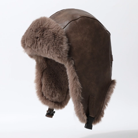 Colbacco Invernale Pelle PU Foderato In Pelliccia Sintetica Antivento Cappello Da Aviatore Con Paraorecchie Per Freddo