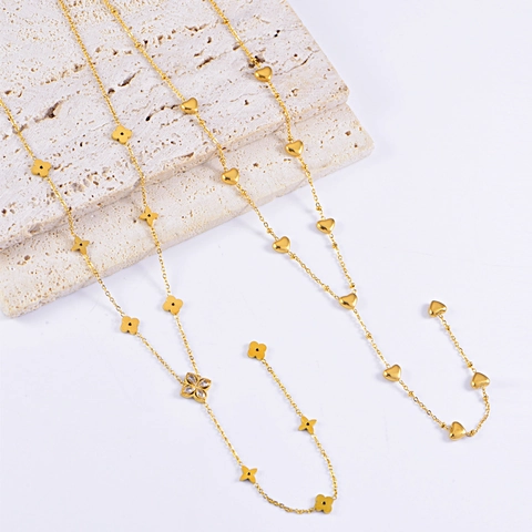 Luxe Roestvrij Stalen Y-Ketting Met Kwastjes Voor Dames Verguld Hart Klavertje Vier Strass Lange Ketting