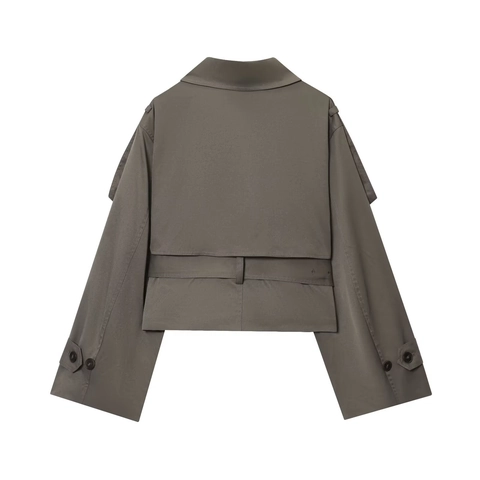 Women Short Trench Coat Jacket Big Lapel Polyester Twill Casual Fashion Elegant Outerwear With Belt And Epaulets