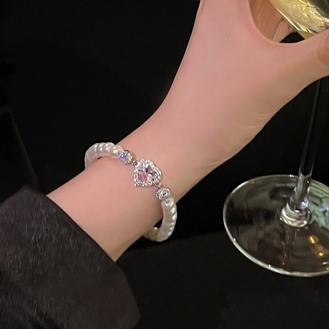 Süßes Armband Aus Künstliche Perlenimitat Mit Rosa Herz Zirkonia Und Kristallen Elastischer Handschmuck Für Damen