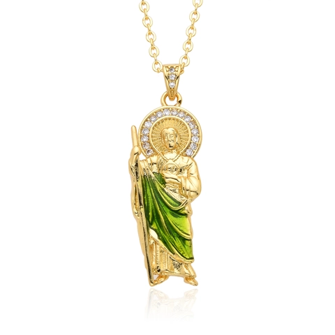 San Judas Tadeo Hanger Ketting Goud Verguld Koper Groen Emaille Zirkoon Religieuze Sieraden Cadeau