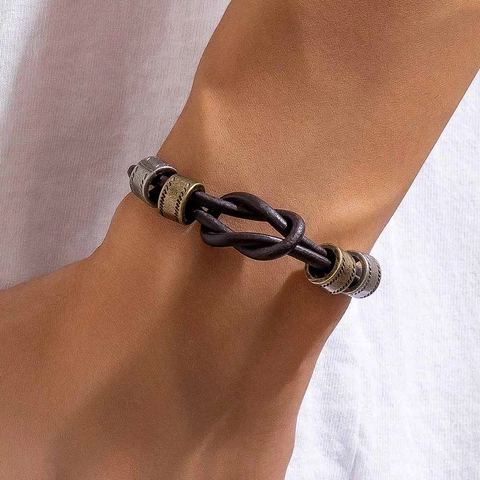 Retro Hip Hop Leather Rope Braided Bracelet Necklace For Men Distressed Alloy Ring Knot Pendant Jewelry Accessories Gift
