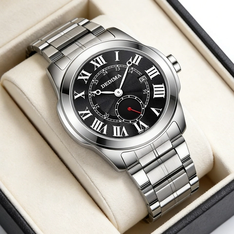 DEDIMA Herren Quarzuhr Edelstahlgehäuse Lederarmband Römische Ziffern Kalender Wasserdicht Business Casual Armbanduhr