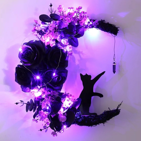 Crescent Moon Cat Wreath Artificial Roses Rattan Base Crystal Pendant Gothic Halloween Hanging Wall Decor For Home Door