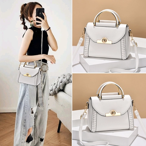 Damen Umhängetasche Kunstleder Handtasche Metallgriff Gewebte Details Überschlag Crossbody Tasche Alltag Elegant