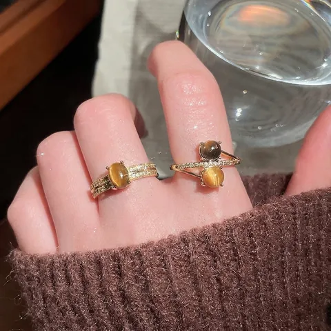 Vintage Open Ring Tiger Eye Stone Zircon Gold Plated Copper Adjustable Finger Jewelry For Women Niche Aesthetic