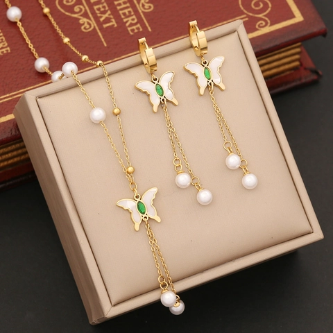 Vlinder Hanger Ketting Oorbellen Roestvrij Staal Witte Schelp Groene Edelsteen Kunstparel Kwastje Sieraden Elegant Voor Dames