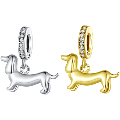 Dachshund Dog Pendant Charm 925 Sterling Silver Cubic Zirconia Inlaid Animal Puppy DIY Jewelry Making Accessories