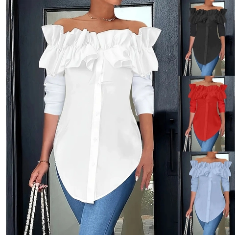 Women Casual Long Sleeve Off Shoulder Ruffle Blouse Solid Color Single-Breasted Elegant Commuter Shirt