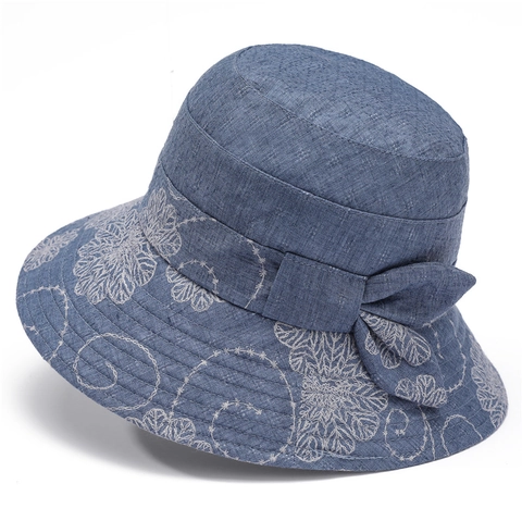 Women Bucket Hat Cotton Polyester Wide Brim Breathable Sun Protection Flower Embroidery Bow Decor Foldable Summer