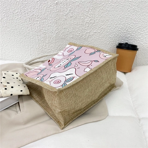 Kawaii Cartoon Gedruckt Mini Tote Handtasche Jute Leinwand Stoff Mit Baumwollseil Griff Für Mädchen Frauen Student Lässig