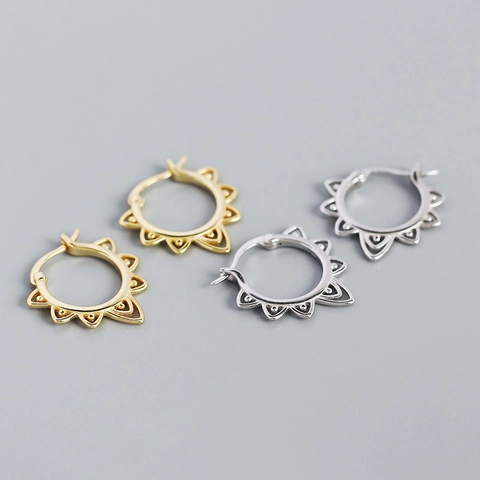 Vintage 925 Sterling Silber Creolen Sonnenblume Hohl Geometrisches Muster Ohrringe Für Frauen