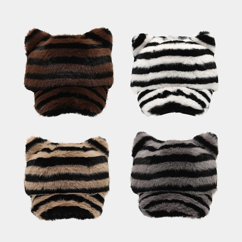 Winter Faux Fur Honkbalpet Met Kattenoren Tijgerstrepen Patroon Warme Pluche Verstelbare Winddichte Muts Dames Meisjes