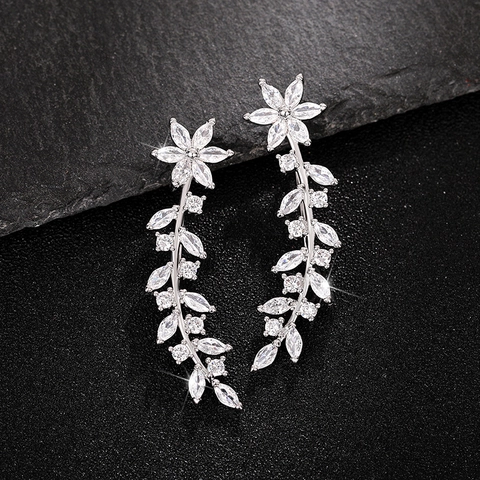 Flower Leaf Ear Crawler Earrings Copper White Zircon Shiny Full Stone Inlay Vine Design Elegant Nature Inspired For Women