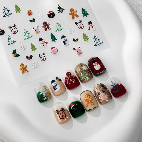 Christmas Nail Art Stickers 3D Embossed Relief Self Adhesive Cartoon Santa Snowman Reindeer PET Manicure Decor