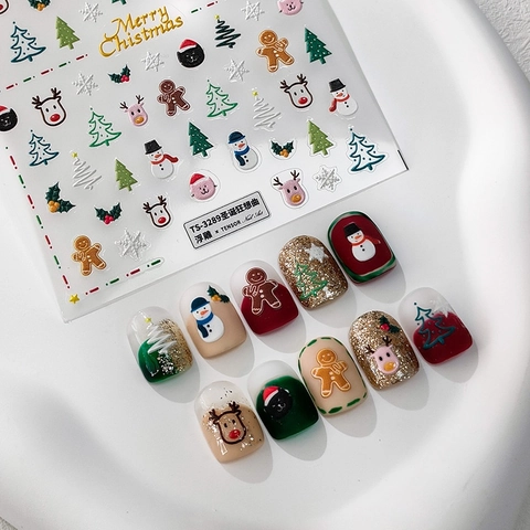 Autocollants Art Des Ongles Noël 3D Gaufré Relief Auto-Adhésif Dessin Animé Père Noël Bonhomme De Neige Renne PET Décor