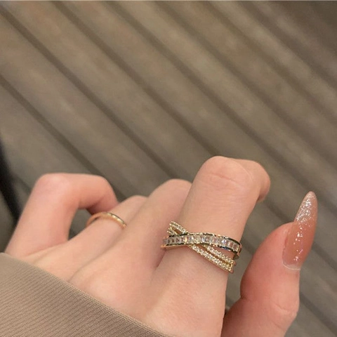 Verstellbarer Offener Ring Kupfer Zirkonia Mehrlagiges X-Design Glänzende Baguette-Steine Damen Modeschmuck