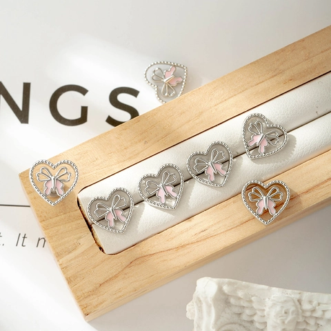 Heart Pink Butterfly Ear Cartilage Stud Earrings Titanium Steel Copper Zircon Enamel Screw Back Piercing Jewelry