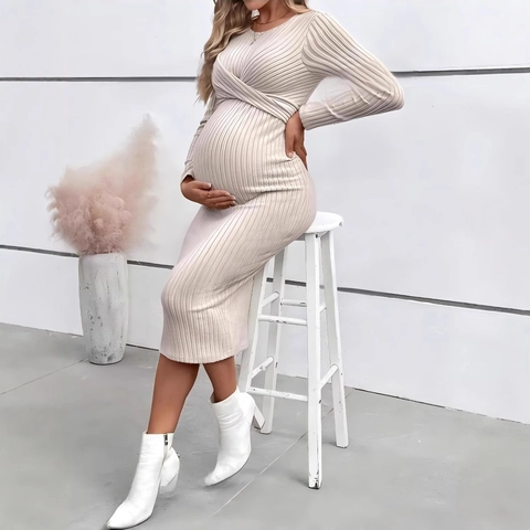 Vestito Premaman Maniche Lunghe Maglia A Coste Incrocio Frontale Vestibilità Aderente Elegante Midi