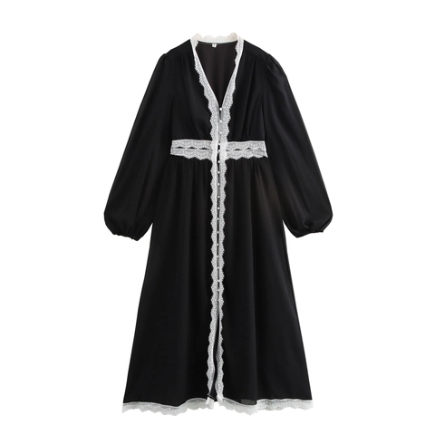 Maxi Dress Women Elegant Chiffon Lace Patchwork V Neck Long Puff Sleeve High Waist Artificial Pearl Button French Style Black