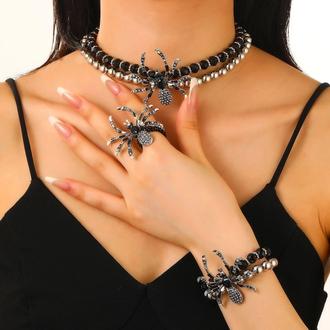 Conjunto de Joyas de Araña Gótica Vintage Aleación Strass Collar Pulsera Anillo Pendientes Halloween Fiesta Estilo Oscuro Mujer