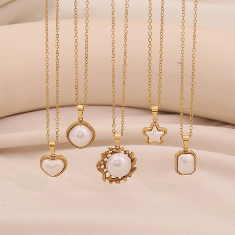 Collar Con Colgante Geométrico De Corazón Estrella Acero Inoxidable Chapado En Oro Perla Artificial De Imitación Joyería De Mujer