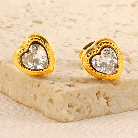 Minimalistische Herz Ohrstecker 18K Vergoldeter Edelstahl Klarer Zirkonia Perlenrand Mit Edelstahl Ohrringstecker