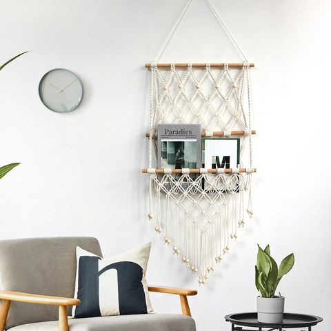 Tapisserie De Rangement Murale Macramé Corde De Coton Tissée À La Main Bâton En Bois Étagère À Revues Multi Couches Décor