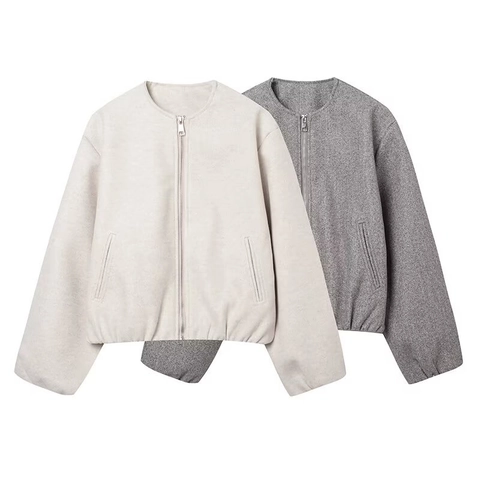 Women Polyester Short Bomber Jacket Round Neck Zip-Up Solid Color Soft Pocketed Loose Streetwear Outerwear