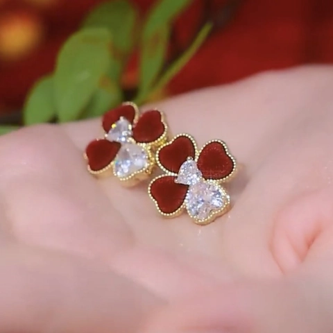 Orecchini Fiore Cuore Rosso Rame Placcato Oro Zircone Stile Corte Vintage Con Perno In Argento Per Donna Gioielli Eleganti