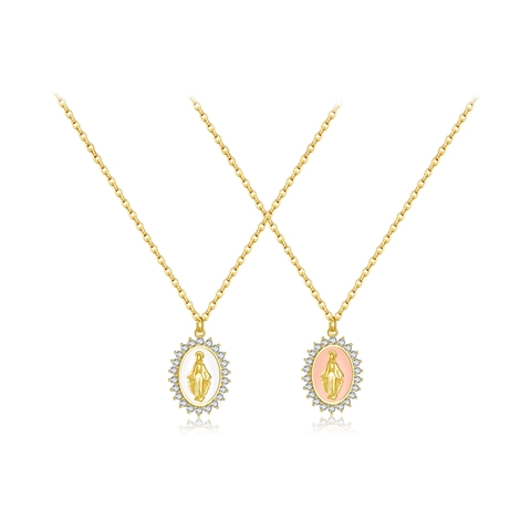 Collana Pendente Vergine Maria Argento Sterling 925 Placcato Oro 18K Ovale Smalto Gioielli Religiosi Zircone Per Donne Uomini