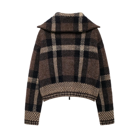 Women Plaid Knit Jacket Vintage Lapel Collar Zip Up Crop Cardigan Soft Plush Long Sleeve Casual Chic Outerwear