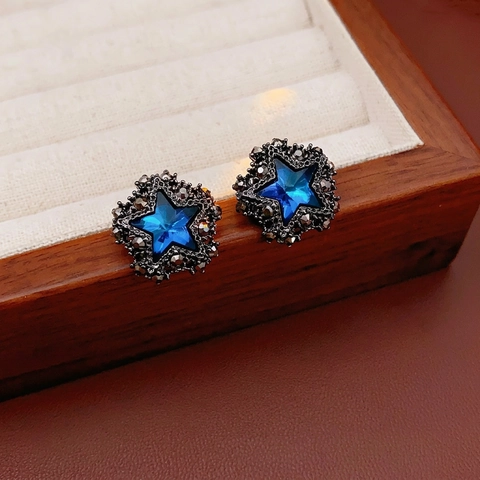 Blue Star Stud Earrings With Alloy Rhinestone And Silver Earring Post Retro Gothic Dark Luxury Chic Style For Women