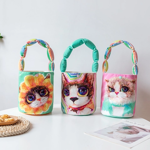 Künstlerische Katzen Illustration Eimer Tasche Gepolsterter Griff Polyester Flanell Handtasche Für Damen Casual