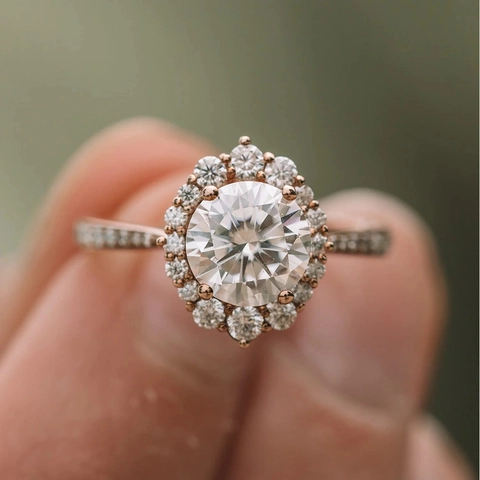 Copper Round Cut Zirconia Halo Engagement Ring For Women White Rose Gold Plated Bridal Wedding Band Fashion Jewelry