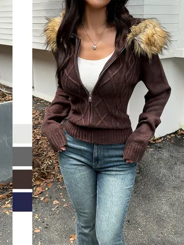 Dames Gebreid Vest Met Lange Mouwen En Kabelpatroon Met Capuchon Van Kunstbont Ritssluiting Casual Effen Kleur