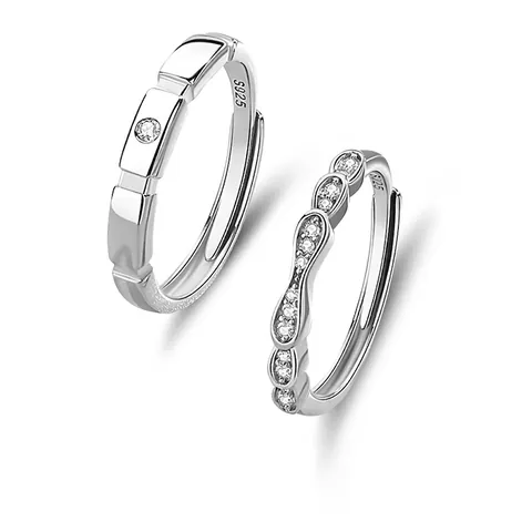 925 Sterling Silver Couple Rings Cubic Zirconia Adjustable Open Geometric Wavy Minimalist Jewelry Lovers Gift