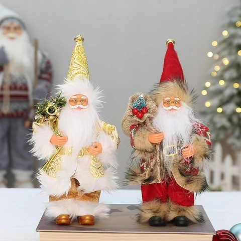 Standing Santa Claus Figurine Christmas Decoration Fabric Faux Fur Plaid Gold Classic Holiday Ornament Desktop Display