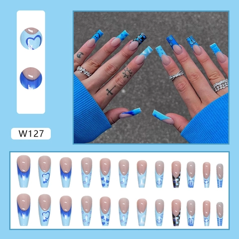 Faux Ongles À Presser Longue Forme Cercueil Bleu Cœur Nuage Visage Souriant Motif Tendance Pour Femmes