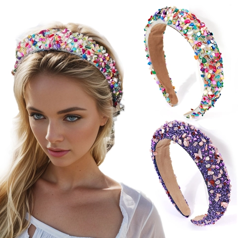 Baroque Padded Headband Colorful Artificial Crystal Crushed Stone Beaded Handmade Sparkling Hair Accessory For Women